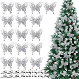 16 Pcs Christmas Tree Butterfly Decorations Christmas Silver Glitter Butterfly Ornament Xmas Hollow Butterfly Ornaments Hanging for Christmas Tree, Wreath, Garland Crafts Decoration