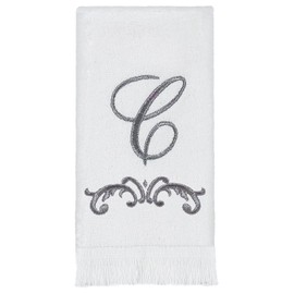 Avanti Linens - Monogram Embroided Fingertip Towel, 100% Cotton Bathroom Decor, C-Scroll, White/Pewter