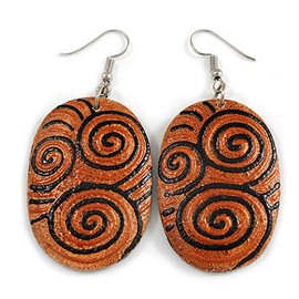 Oval Wood Drop Earrings in Light Brown/Black Colours - 70mm Long