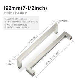 Redunest Cabinet Pulls Brushed Nickel Cabinet Handles Square Drawer Pulls, 2 Pack 7-1/2 Inch Stainless Steel Kitchen Door Cupboard Cabinet Handles, Cabinet Hardware Drawer Handles, 192mm Hole Centers