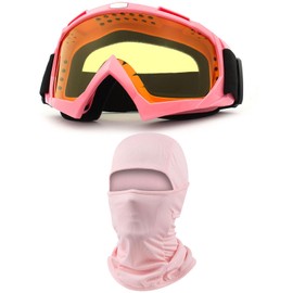 immoono ATV Dirt Bike Motorcycle Goggles with Balaclava Face Cover, Motocross Riding Offroad Glasses for Men Women with Face Mask, Pink Frame Amber Lenses