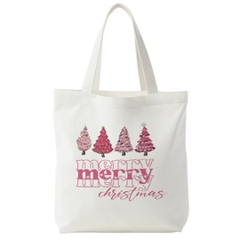 Christmas Tote Bag, Pink Christmas Trees Canvas Tote Bag for Women, Christmas Tote Bags with Handles, Reusable Christmas Tote Bags, Christmas Reusable Grocery Bags Shopping Bags