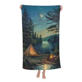 VANZEV Moonlit Camping Beach Towel 31inx51in, Forest and Tent Sand-Free Microfiber Bath Towel Ultra Soft Quick Dry Pool Towel Absorbent Towel Lightweight Towel for Swimming Bathroom Decor