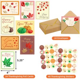 Fancy Land Thanksgiving Cards with Envelopes 24 Pack Embossed Thanksgiving Greeting Cards Blank Inside Happy Thanksgiving Cards Kids Adults Party Supplies
