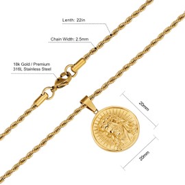 KRKC&CO Mens Coin Pendant Necklace, Jesus 18K Gold Plated Stainless Steel Chain Necklace, Medallion Amulet Religious Necklace for Men and Boys