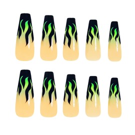 MERVF Press on Nails Long Coffin Fake Nails Black Flame French Tip Glue ons Goth Acrylic Nail Green Ombre Design 24pcs Glossy