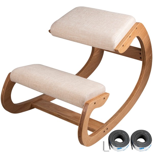 Trintion Ergonomic Kneeling Chair for Upright Posture - Rocking Chair Knee Stool for Home, Office & Meditation - Wood & Linen Cushion - Relieving Back and Neck Pain & Improving Posture (White Oak)