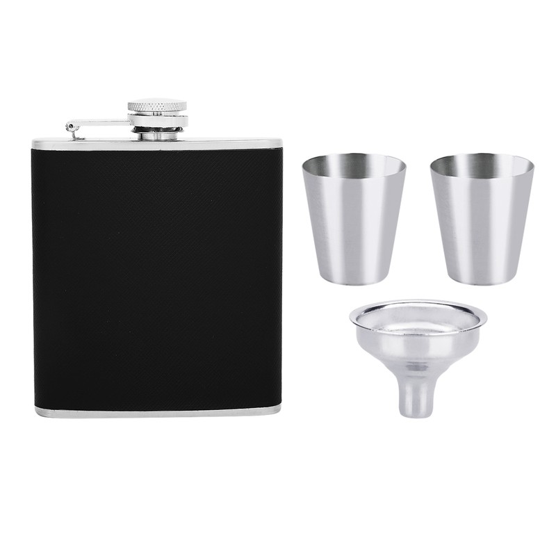 Stainless Steel Hip Flask Black Leather Funnel with Two Wine