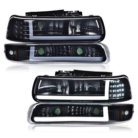 CHEDA LED DRL Headlight Turn Signal Lamp Left+Right Sides Compatible With Chevy Silverado 1500 1999 2000 2001 2002 / Suburban 1500 2000-2006 Smoky lens Black Housing Amber Reflector