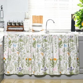 VitalCozy Cabinet Curtains 28" x 35" Sink Skirt for Bathroom Diamond Stitch Self Adhesive Waterproof Fabric Kitchen Floral Cabinet Curtains for Home Farmhouse Rustic Drape