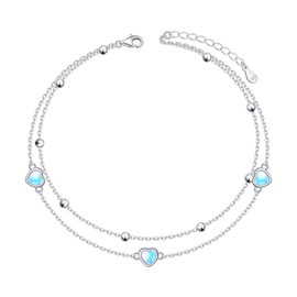 Yearace Heart Moonstone Layered Anklet for Women S925 Sterling Silver Women's Anklets Adjustable Foot Anklet Jewelry Gifts for Women