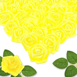 Vignor 100 Pcs Artificial Flowers Faux Foam Fake Rose Head Bulk for Home Decor Wedding Decoration Bridal Shower Wall Table Centerpiece Arrangement DIY Craft (Yellow)