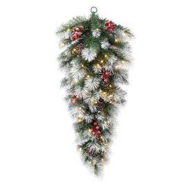 Glitzhome 3ft Pre-Lit Pinecones and Red Berries Artificial Christmas Teardrop, with 50 Warm White Lights and Timer, Three Function