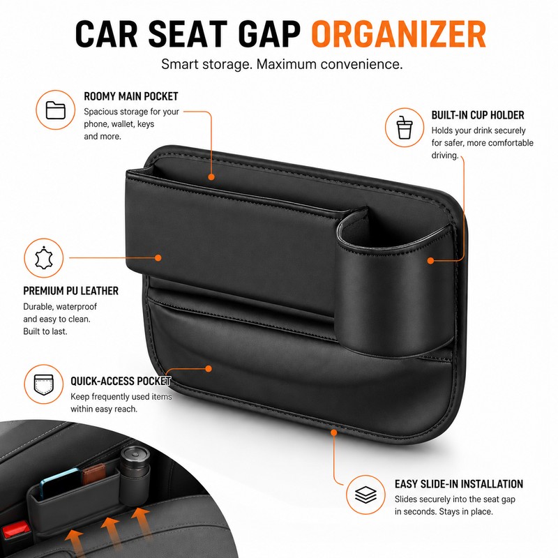 Car Seat Gap Organizer with Cup Holder – PU Leather