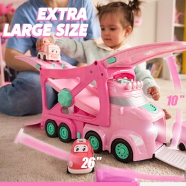 Extra Large Toy Trucks for Toddlers, 3-Layer Princess Pink Trucks for 2 3 4 Year Old Girls, 7-in-1 Big Transport Vehicle Carrier Truck with Siren & Lights and 6 Toy Cars, Birthday Gifts for Girls Kids