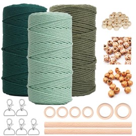 Macrame Yarn 3 mm x 60 m Set of 3 Macrame for DIY Crafts Macrame Wall Hanging Dream Catcher Hanging Basket Curtain Craft Set Cord Chain with 5 Key Chains 60 Wooden Beads 6 Wooden Rings 2 Round Rod