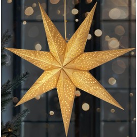 BRUBAKER 60 cm Paper Christmas Star for Hanging - LED Advent Star for Christmas Decoration and Windows - 3D Paper Star with Timer Function - Hanging Luminous Star - Gold