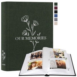 Lanpn Photo Album for DIY Gluing, Small OUR MEMORIES Linen Photo Book 100 White Pages with Parchment Dividers Holds 9 x 13 10 x 15 13 x 18 cm Photos (19 x 27 cm, Green)