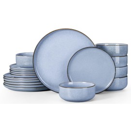 Herogo 18-Piece Stoneware Dinnerware Set for 6, Stackable Dinner Plates and Bowls Sets, Double Reactive Glaze Dishware Place Setting for Kitchen, Scratch Resistant, Microwave Safe, Haze Blue