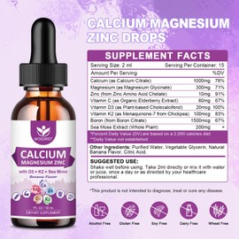 Calcium Citrate 1000mg Liquid Supplement with Vitamin D3, K2 for Women and Men - Calcium Magnesium Zinc d3 k2 Supplement with Sea Moss Extract for Bone, Teeth Support, Banana Flavor - 1 Fl Oz (2 Pack)