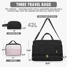 3 Pack Travel Duffle Bag, Weekend Bags for Women with Shoe Compartment, Large Toiletry Personal Item Travel Carry on Bags with Wet Pocket, Gym Overnight Hospital Bag for Delivery Business Black