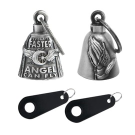 Motorcycle Bells for Bikers Guardian Angel Gremlin Bells for Motorcycle Rider Key Chain for Luck (Never Rider Faster Than Your Angel Can+Praying Hands)