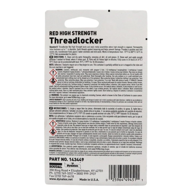 Dynatex 49451 Red High Strength Threadlocker, 6ml - Industrial Grade