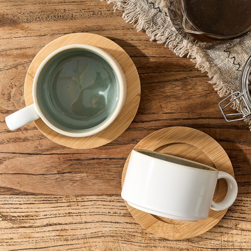 LUKA 6 Ounce Porcelain Stackable Espresso Cups with Saucers and