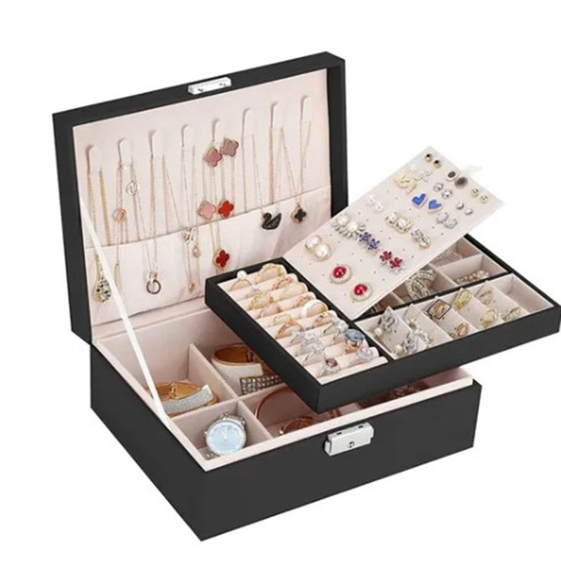 Jewelry Box Large Capacity Double Layer Black Jewelry Storage Case