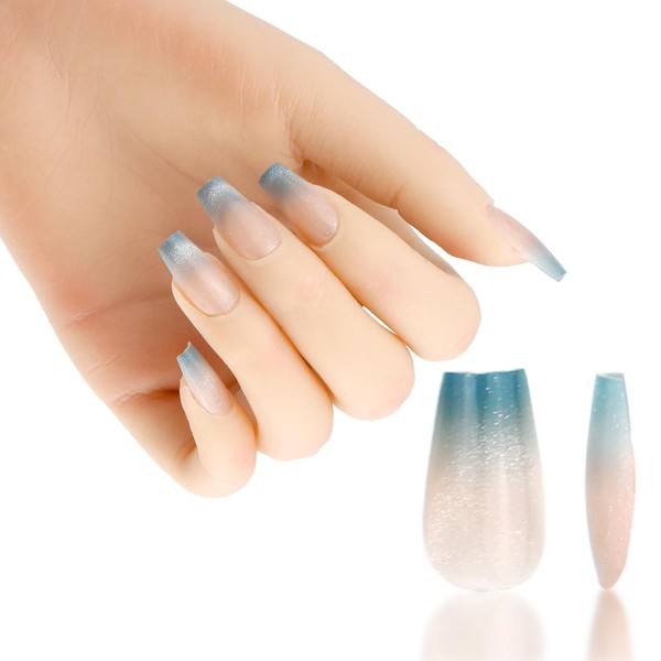 Green tip cat eyes French tip nails，Soft Gel Press On