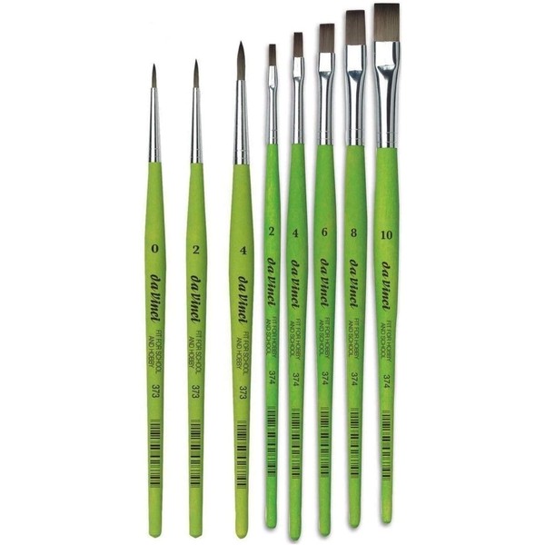 da vinci 8 synthetic brushes, 3 pieces Série 373 round, 0,2,4 and series 374 synthetic hair flat brushes, 2, 4, 6, 8, 10.