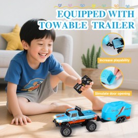 hehred Mini RC Truck,1:64 Scale Monster Truck Remote Control Car with Lights, 2.4Ghz Remote Control RC Car and Trailer, Speed and Steering Adjustable (Blue-A)