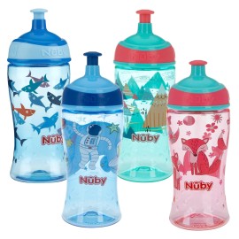 Nuby 12oz Kids Water Bottle Free Flow Pop Up Spout Easy Drinking Durable Triton
