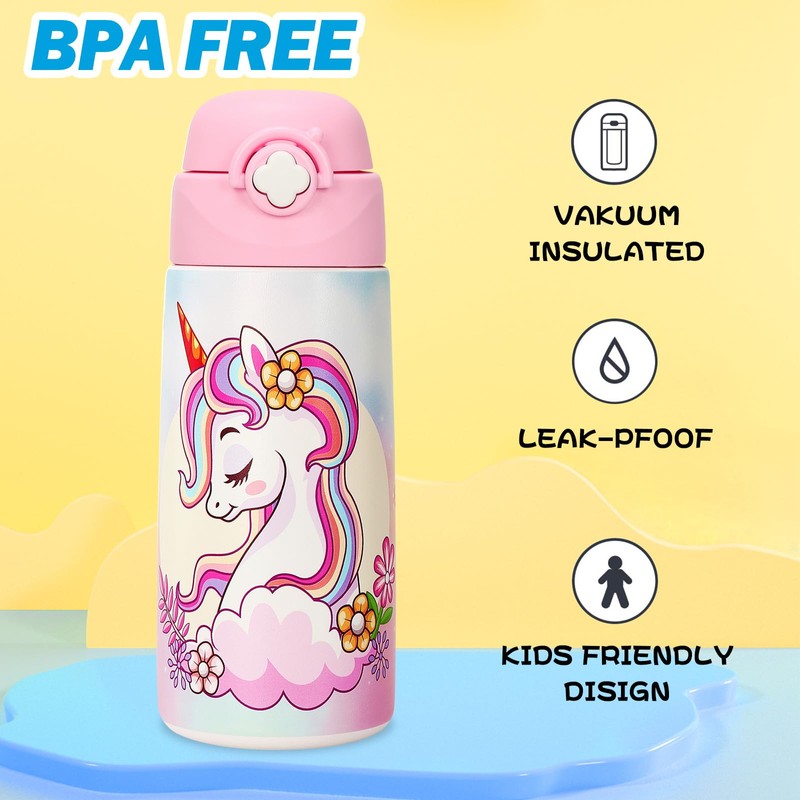 Ntswasd Girls Insulated Water Bottle with Covered Pop-Up Straw,16 oz