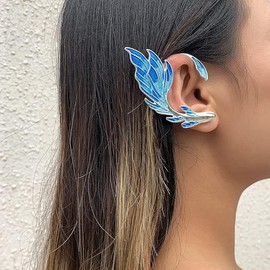 Punk Elf Ear Cuffs 2pcs Creative Painted Goldfish Tail Ear Wrap Non Pierced Cartilage Climber Earrings Gothic Cosplay Party Accessories for Women (Blue, One size)