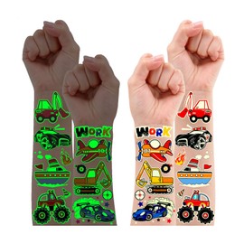 Leesgel Tattoo Children's Vehicles, 12 Sheets Luminous Temporary Tattoos for Children Boys, Car Children's Tattoos Sticker Children for Party Bags Children's Birthday, Vehicle Car Toy Gift Boys