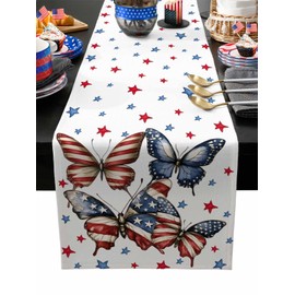 4th of July Table Runner Red Blue Stars Butterfly Vintage Independence Day Table Runners Patriotic Stripes Table Decor Seasonal Kitchen Dining Table Decoration Holiday Party Decor 13x72 Inch
