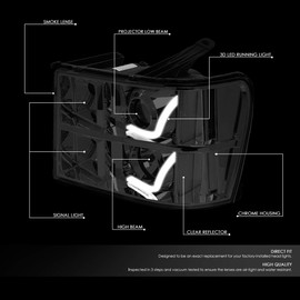 Auto Dynasty Dual L-Styling LED DRL Smoked Housing Clear Corner Projector Headlight Lamps Compatible with GMC Sierra GMT900 07-14
