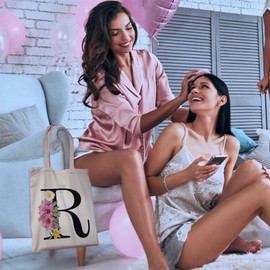 Bang Tidy Clothing Floral Canvas Bags Gifts for Bridesmaid - A/Z Monogram Initial Cotton Canvas Tote Bag for Wedding Bridal Shower Bridesmaids - Hen Do Party Gift Totes Bags for Women Letter-R