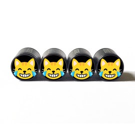 AutoValveCaps Laughing Cat Face Tire Valve Caps - Black Aluminum - Set of Four - Universal