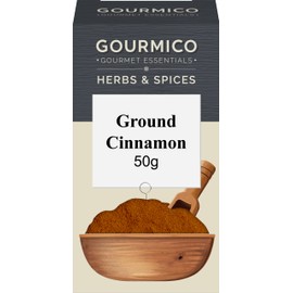 GOURMICO Ground Cinnamon, Ideal to Spice Up Cakes, Breads & Hot Drinks or Paired with Savoury Chicken and Lamb Curries. Suitable for Vegetarians and Vegans, 50g Pack, Dark Grey/White
