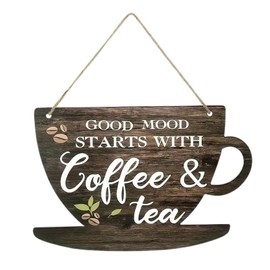 1 Pcs Coffee Sign Good Moon Starts with Coffee & Tea Hanging Plaques for Kitchen Pictures for Wall Hanging Plaque Wooden Sign Farmhouse Decorative for Kitchen Bar Decor