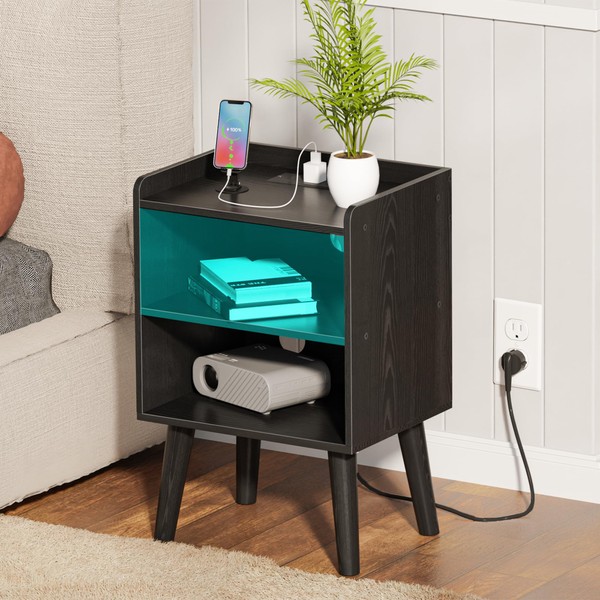 LAKEMID Night Stand with Charger Station, Bedside Table with LED