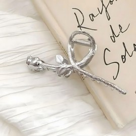 HIFANMM Flower Hair Clips Metal Alloy Hair Accessories for Women Girls, Silver Rose Hair Claw Clips Fashion Spring Summer Hairpins Shark Strong Hold Non Slip Large Jaw Hair Claw Clip 1 Pcs