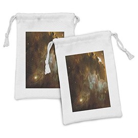 Ambesonne Constellation Fabric Pouch Set of 2, Dusty Nebula Spiral Galaxy of Stars Infinity, Small Drawstring Bag for Toiletries Masks and Favors, 9" x 6", Pale Coffee Mint Green