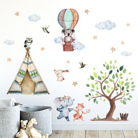 WOHAHA Wall Sticker, Children's Room, Cartoon Animals, Clouds, Stars, Hot Air Balloons, Trees, Tents, Stylish, Wall Stickers, Children's Room, Toy Room, Nursery, Nursery, Removable Wall Sticker, Cute,