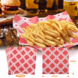 KIKISML 100 PCS Deli Paper Sheets 12 * 12 Inch, Lover's Day Premium Food Basket Liners for Sandwiches, Burgers, Burrito Omelette Patties Taco, Fries, Restaurants, BBQ, Party - Heart Shaped Grid