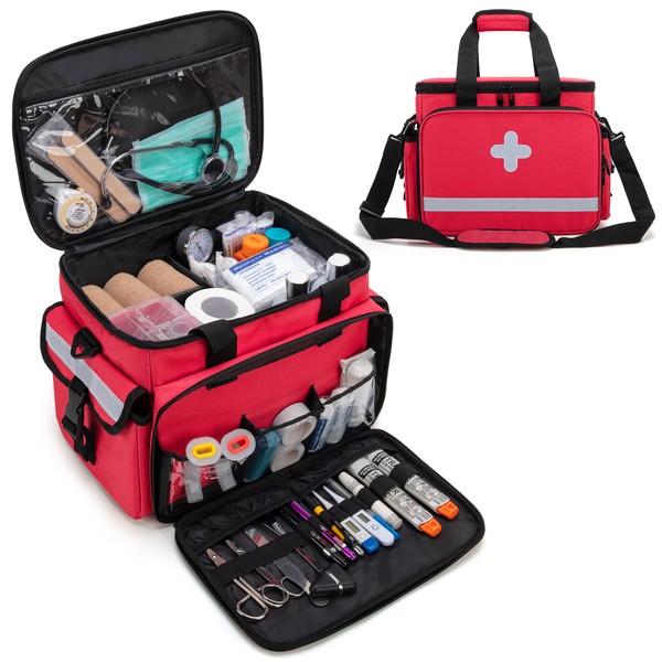 CURMIO Medical Bag, Empty First Aid Bag with Dividers for Home Health Care and Emergency Supplies, Red (Empty Bag Only)
