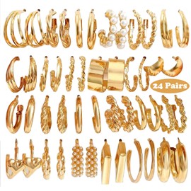 24 Pairs Gold Earrings for Women Fashion Pearl Chain Link Stud Drop Dangle Earrings Multipack Statement Gold Hoop Earrings Set, Hypoallergenic Earrings for Birthday Party Christmas Jewelry Gift