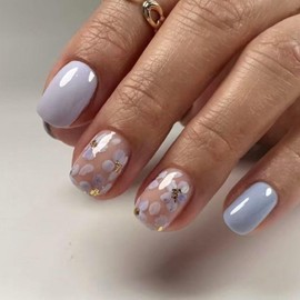 Blue Press on Nails Short Square Fake Nails with Glitter Flower Designs Spring Acrylic Nails Glossy Nails Press ons Cute Glue on Nails Artificial False Nails Summer Stick on Nails for Women 24Pcs